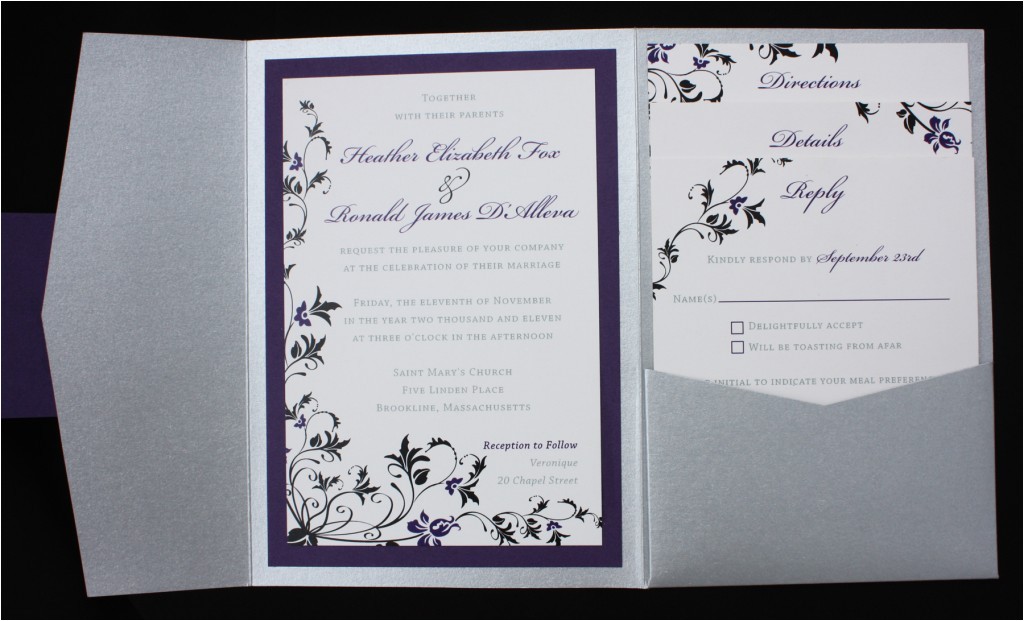 Purple Silver and Black Wedding Invitations Dark Purple Black Silver Floral Pocketfold Wedding
