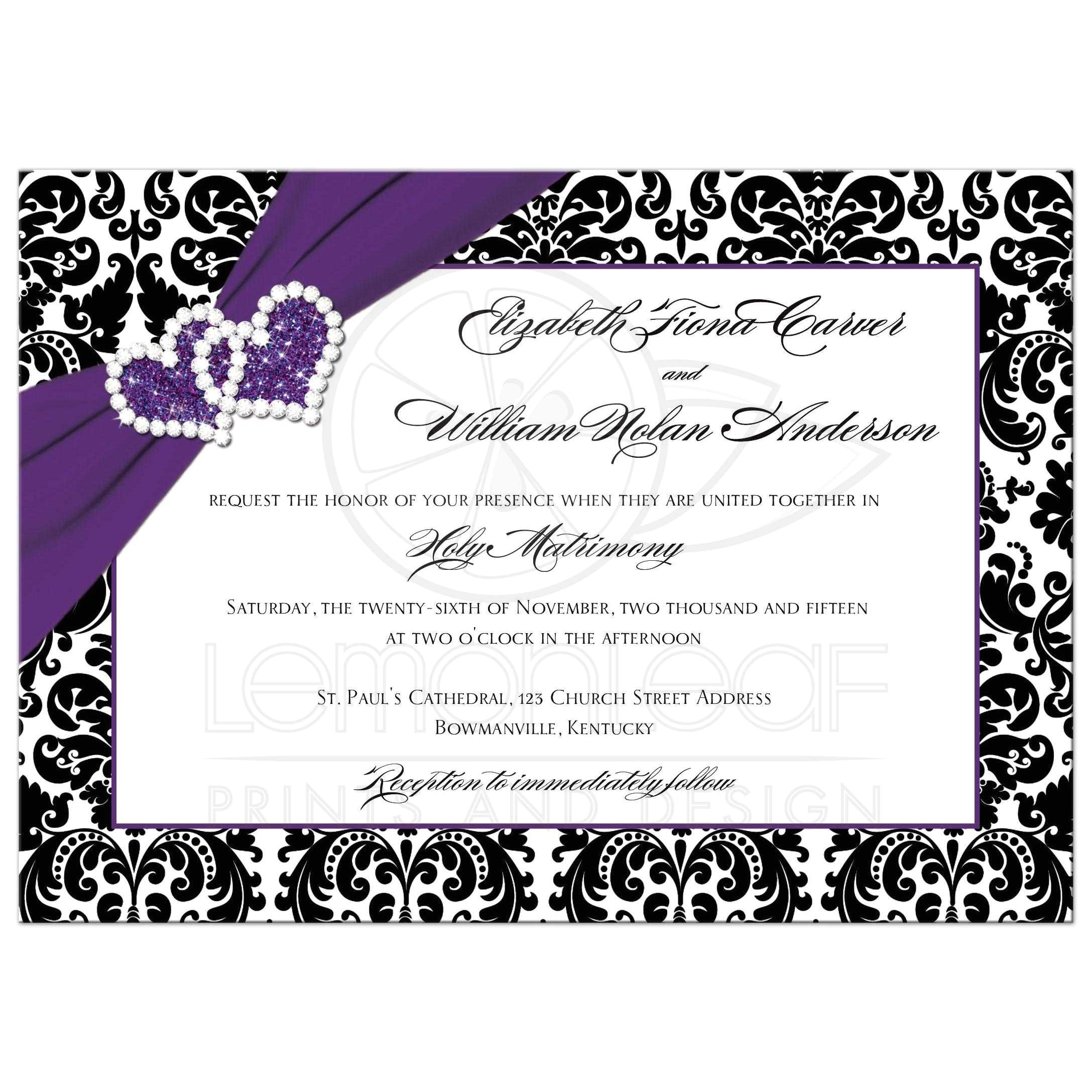 Purple Silver and Black Wedding Invitations Wedding Invitation Purple Black White Damask Joined