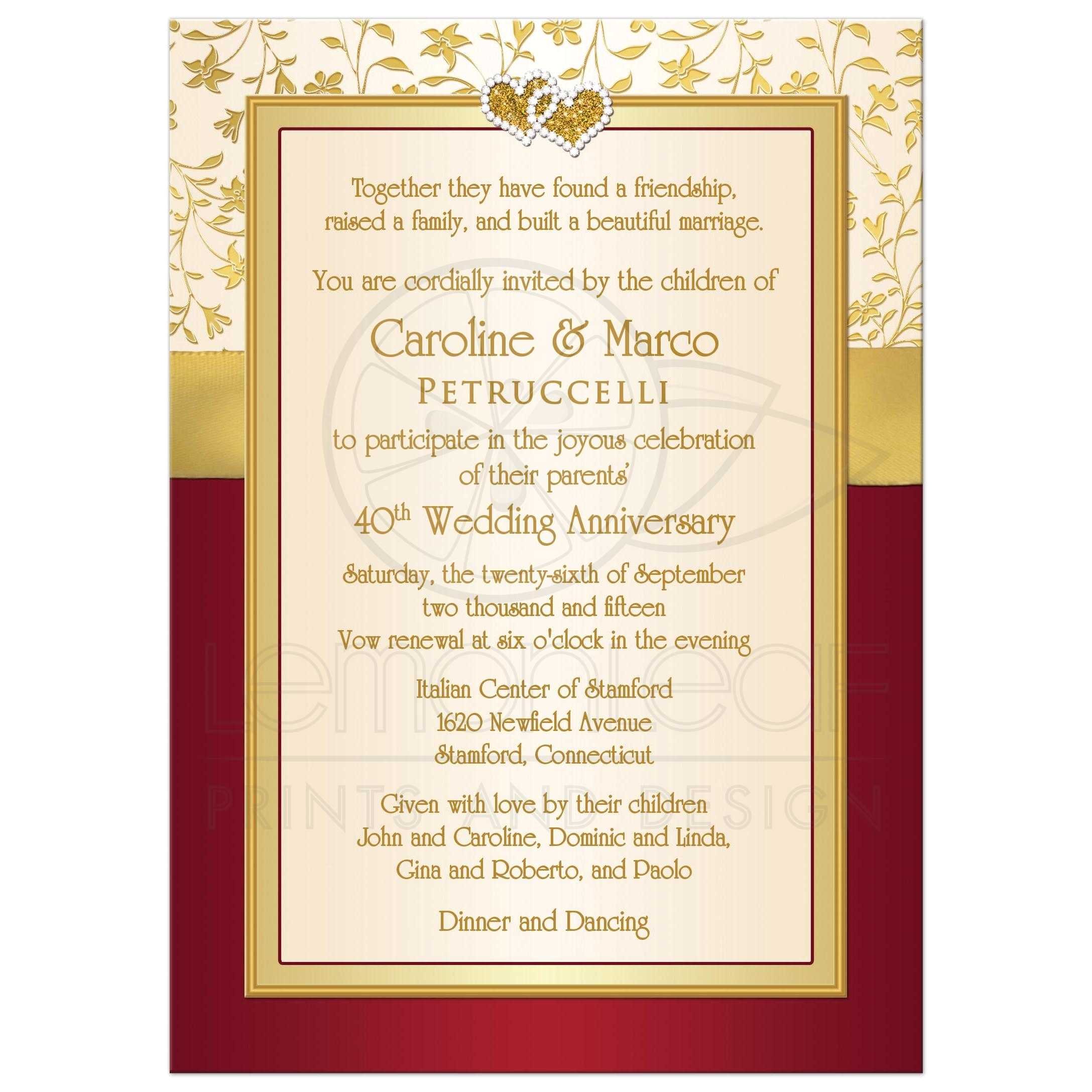 Red Ivory and Gold Wedding Invitations 40th Wedding Anniversary Invitation Red Ivory Gold