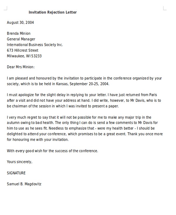 Reject Wedding Invitation Politely Sample Letter Of Invitation Decline Gallery Download Cv Letter