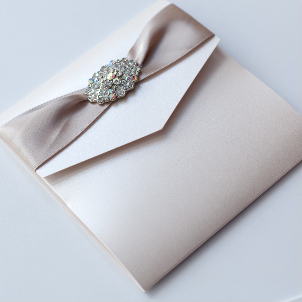 Ribbon Brooch Wedding Invitation Ivory Vintage Pocketfold Wedding Invitation with Vintage