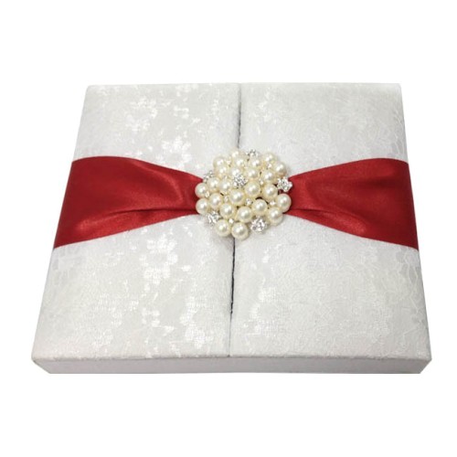Ribbon Brooch Wedding Invitation White Lace Covered Silk Wedding Invitation Box with Large