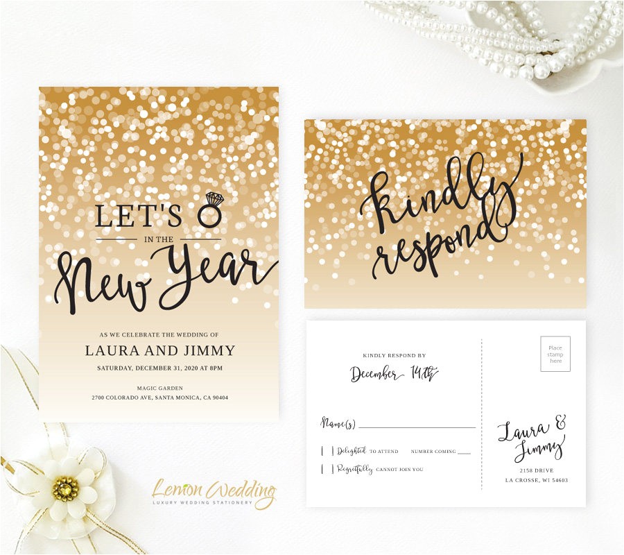 Ring In the New Year Wedding Invite New Year 39 S Eve Wedding Invitation with Rsvp Card Gold