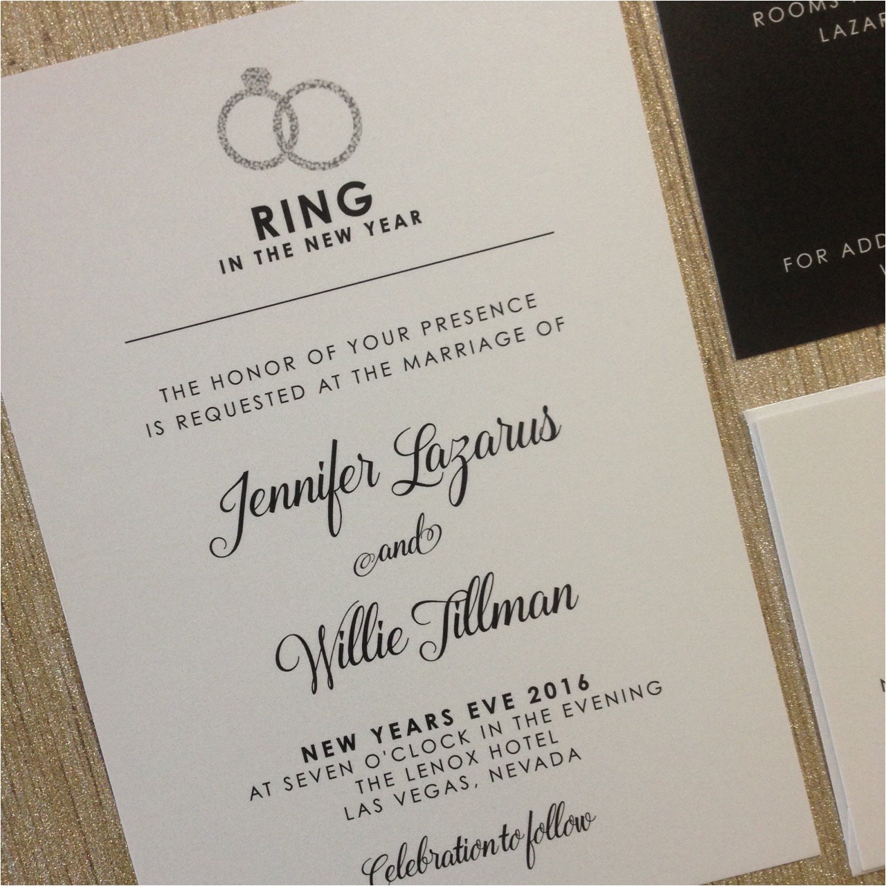 Ring In the New Year Wedding Invite New Years Eve Wedding Invitation Suite Faux Glitter by