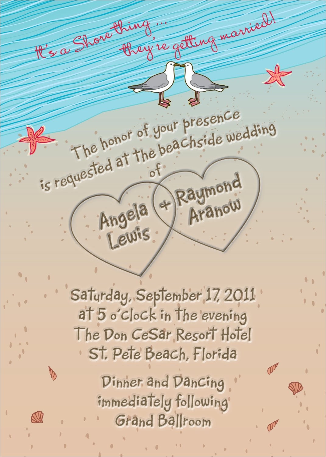 Sample Beach Wedding Invitation Wording Beach Wedding Invitation with Hearts In Sand Seagulls and