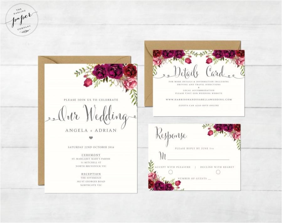 Sangria Color Wedding Invitations Floral Wedding Invitation Printable Wedding Invitation