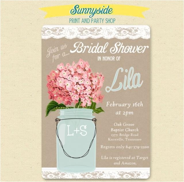 Shabby Chic Wedding Shower Invitations Pink Hydrangea Lace Mason Jar Invitation Bridal