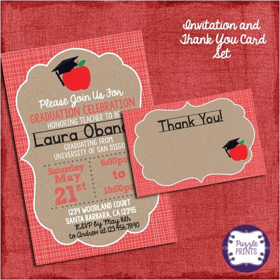 Teacher Graduation Invitations Teacher Graduation Invitation and Thank You Card Set