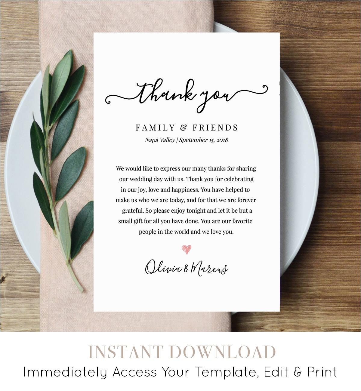 Thank You Message for Wedding Invitation Wedding Thank You Letter Thank You Note Printable Wedding In
