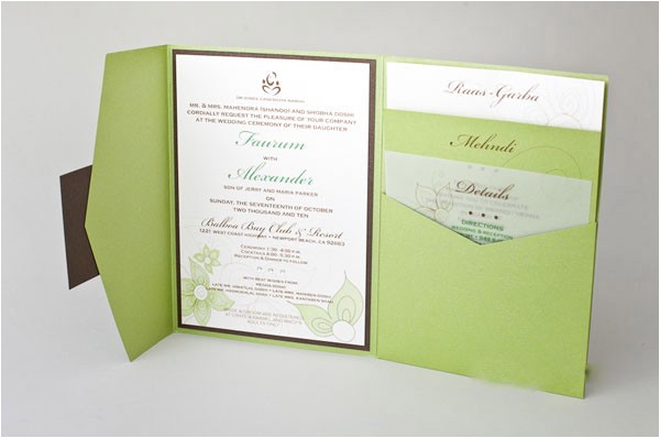 Tri Fold Wedding Invitations with Pocket Natural Green Color Tri Fold Pocket Invitations Hpi268