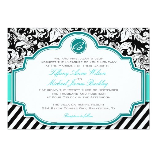 Turquoise Black and White Wedding Invitations Black White Damask Turquoise Wedding Invitation Zazzle