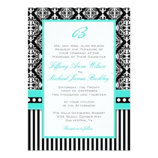 Turquoise Black and White Wedding Invitations Black White Damask Turquoise Wedding Invitation Zazzle