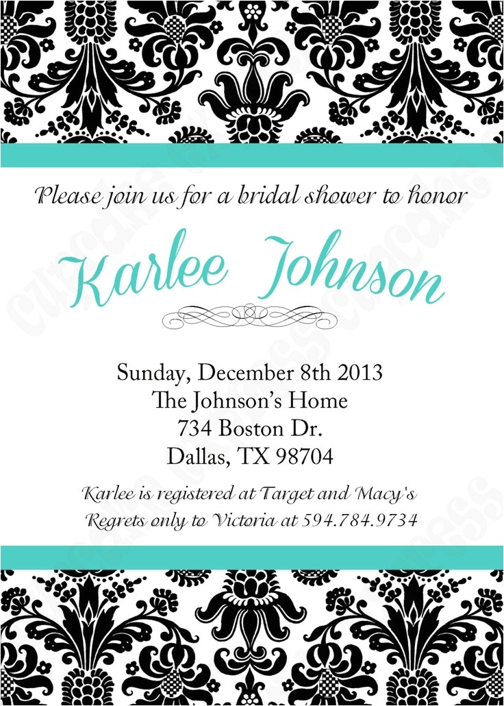 Turquoise Black and White Wedding Invitations Diy Bridal Shower Printable Invitation 5×7 Black White