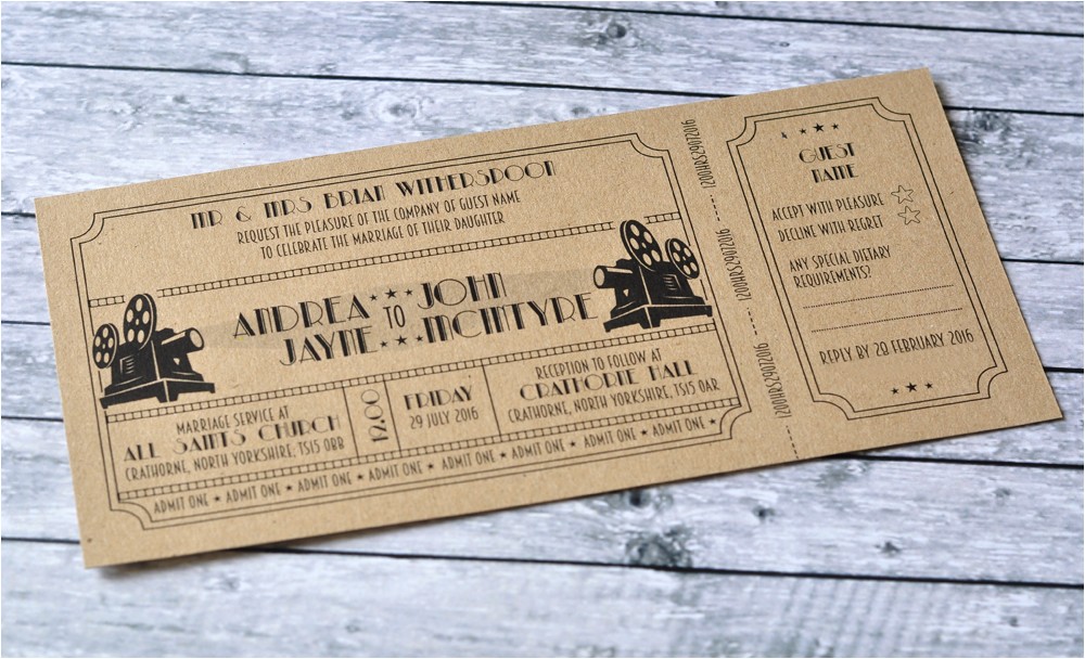 Vintage Ticket Style Wedding Invitations Vintage Cinema Ticket Style Wedding Invitation