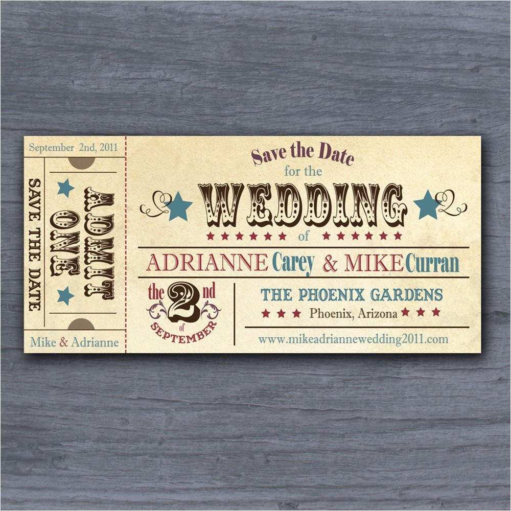 Vintage Ticket Style Wedding Invitations Vintage Rodeo Ticket Save the Date Wedding Invitation