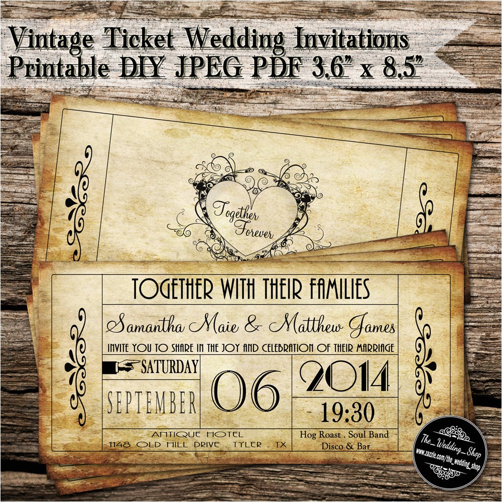 Vintage Ticket Style Wedding Invitations Vintage Ticket Wedding Invitations Printable Diy Jpeg Pdf