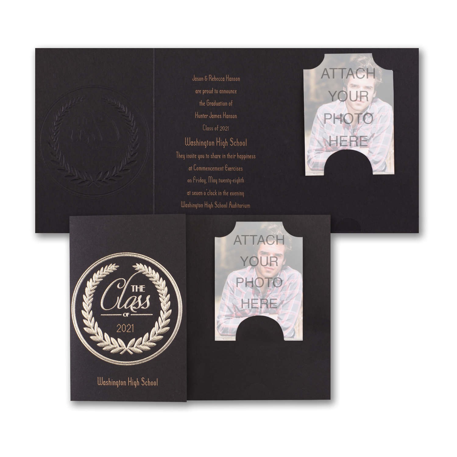 Wallet Size Graduation Invitations Graduation Announcements Black and Gold Personalized Gold and