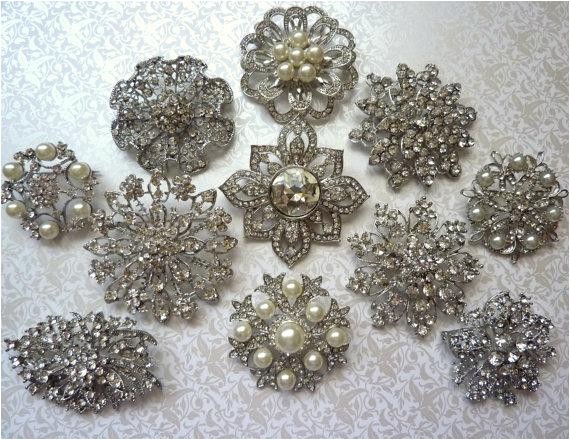 Wedding Invitation Brooches 8 Pc Brooch Large Ex Large Silver Pewter Crystal