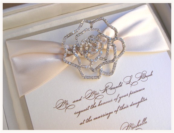 Wedding Invitation Brooches Couture Invitation with Rhinestone Brooch and Placed In A