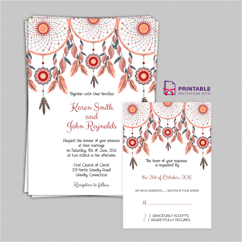 Wedding Invitations to Print at Home for Free Free Pdf Boho theme Dreamcatchers Wedding Invitation and