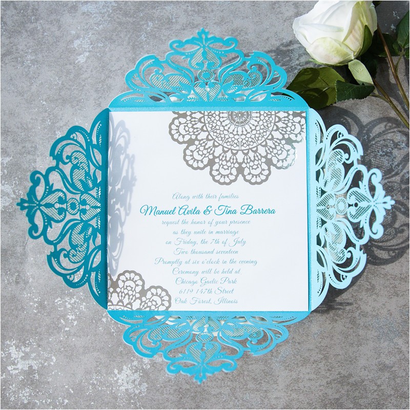 Wedding Invitations Turquoise and Silver Modern Tiffany Blue Laser Cut Silver Foil Lace Wedding
