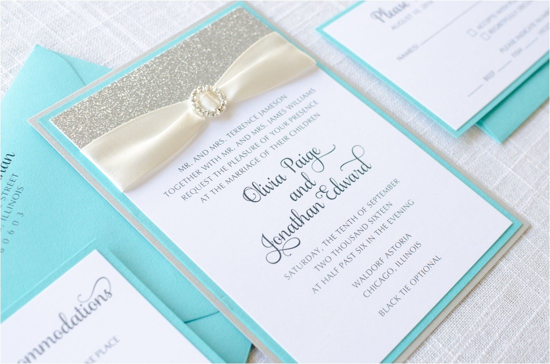 Wedding Invitations Turquoise and Silver Rhinestone Aqua Turquoise Silver Glitter and Satin