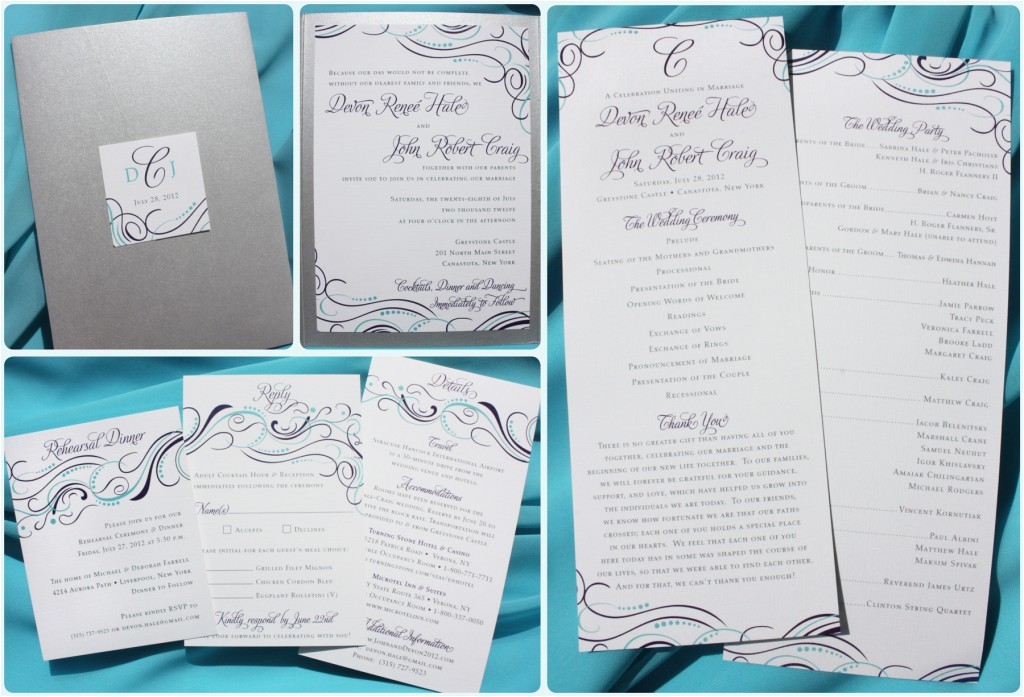 Wedding Invitations Turquoise and Silver Turquoise Purple Silver Swirls Dots Pocketfold