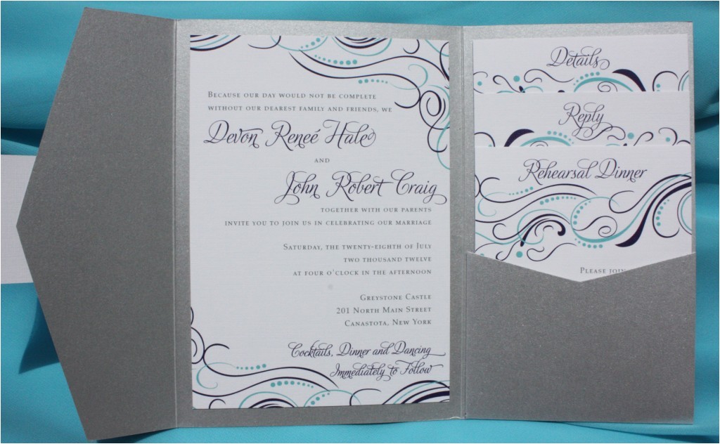 Wedding Invitations Turquoise and Silver Turquoise Purple Silver Swirls Dots Pocketfold