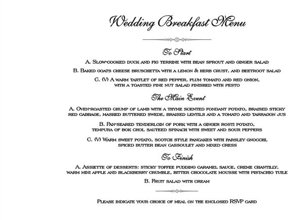 Wedding Invitations with Menu Choices Brambles Wedding Stationery Booklet Pages Menu Page