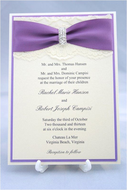 Wedding Invitations with Ribbon and Rhinestones Purple Lace Wedding Invitation with Satin Ribbon and