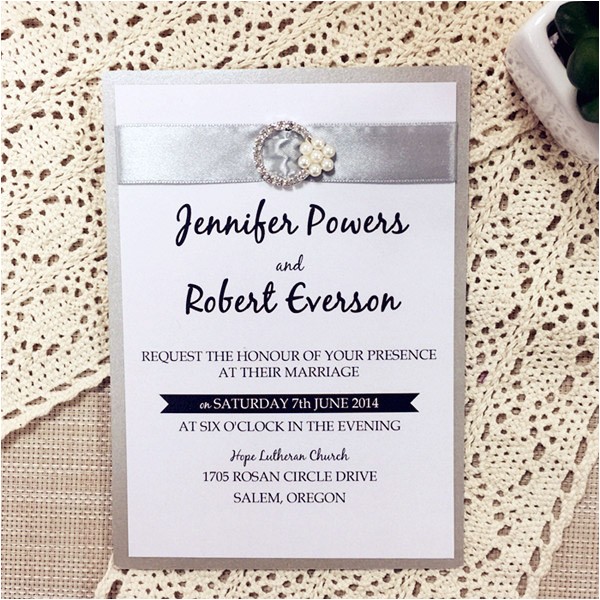 Wedding Invitations with Ribbon and Rhinestones Traditional Silver Ribbon Pearl Rhinestone Buckle Layered