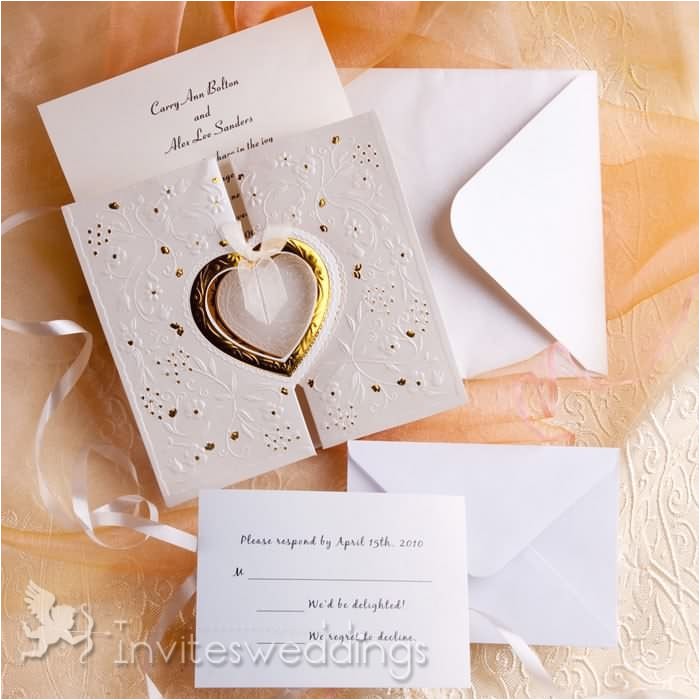 Wedding Invites with Pictures Romantic Gold and White Heart Folded Wedding Invitations