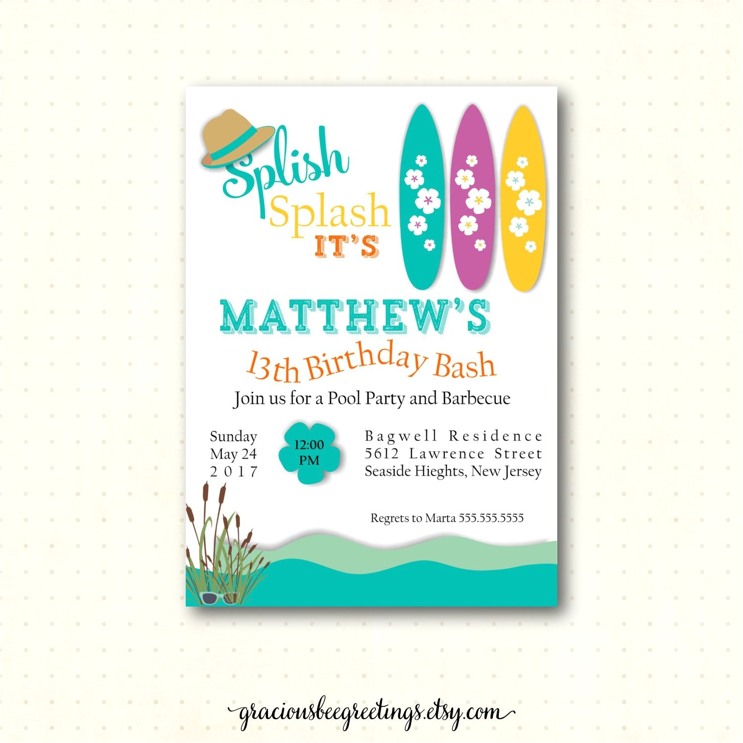 11th Birthday Party Invitations Teen Pool Birthday Party Invitation 10th 11th 12th 13th