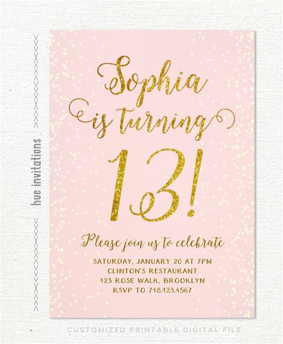 13th Girl Birthday Party Invitations 13th Birthday Invitation for Girl Pink Gold Teen Birthday