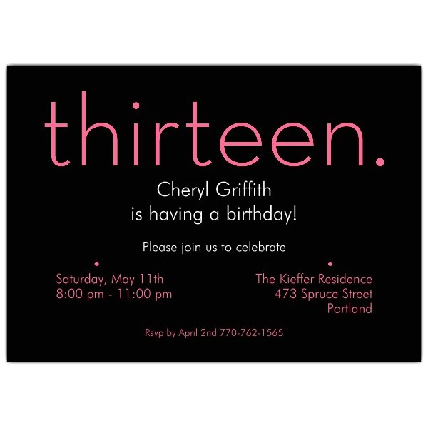 13th Party Invites Thirteen Pink On Black 13th Birthday Invitations Paperstyle
