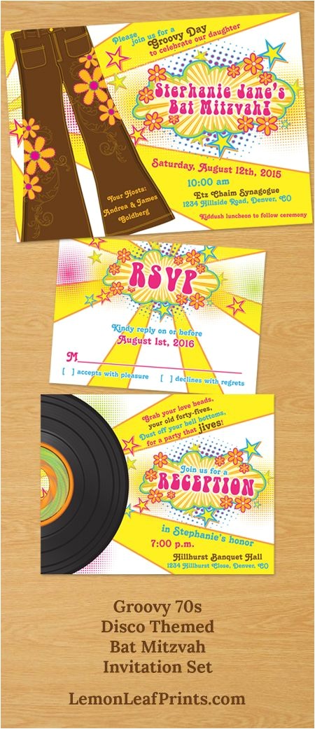 1970s Party Invitations Groovy 1970s or 70s Disco themed Bat Mitzvah Invitation