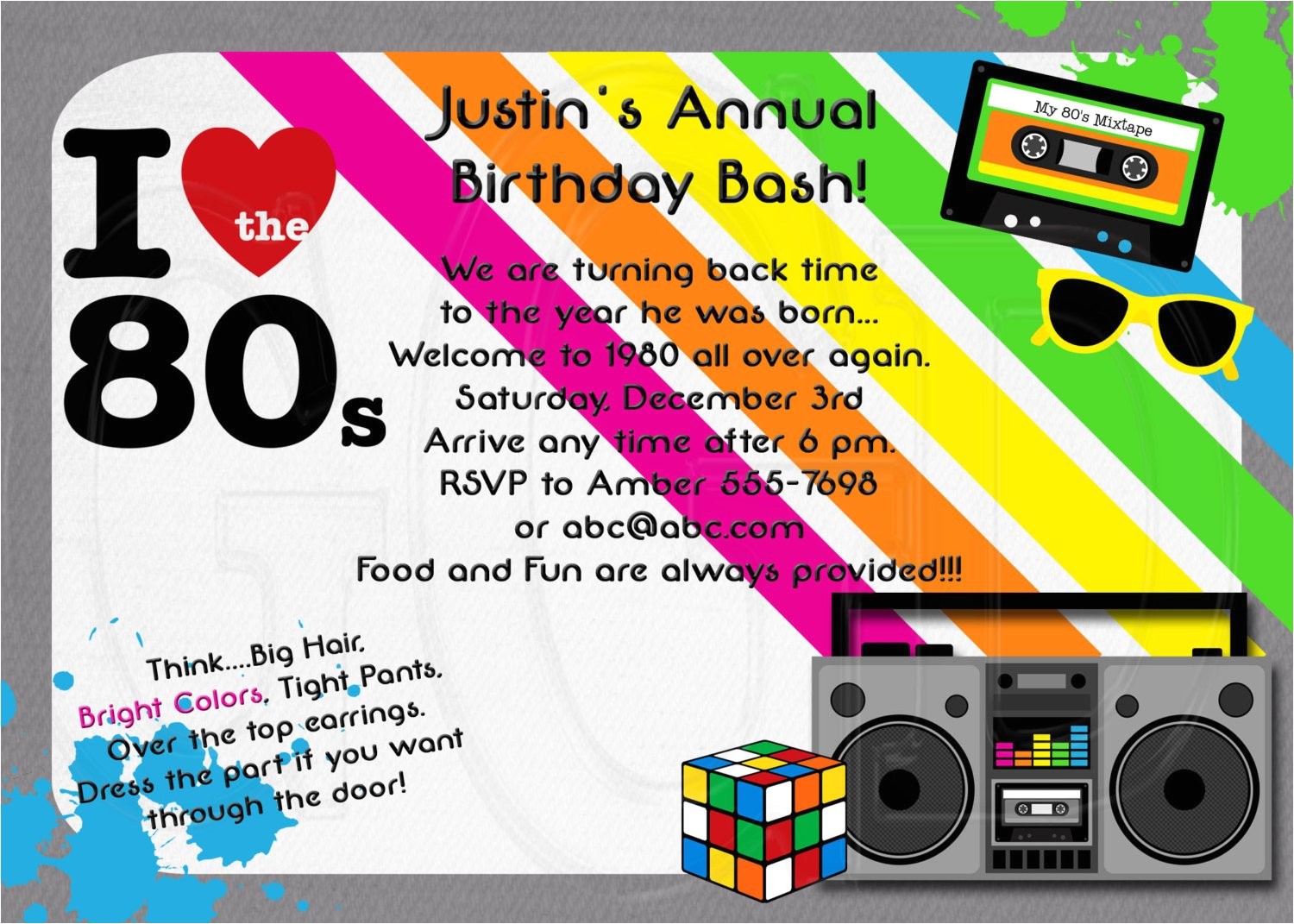 1980s Birthday Party Invitations 1980 39 S Invitation 80 39 S theme Party Digital File