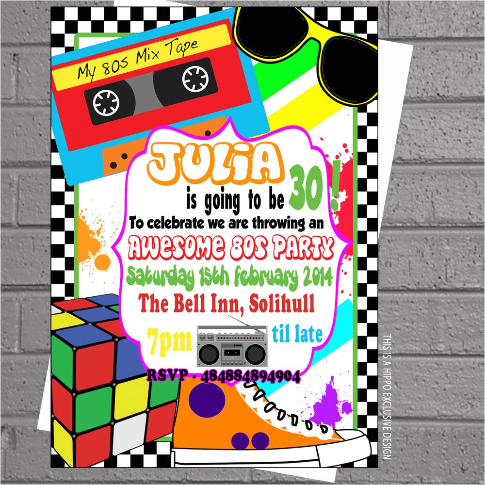 1980s Birthday Party Invitations 1980s Awesome Eighties themed Birthday Party Invitations X