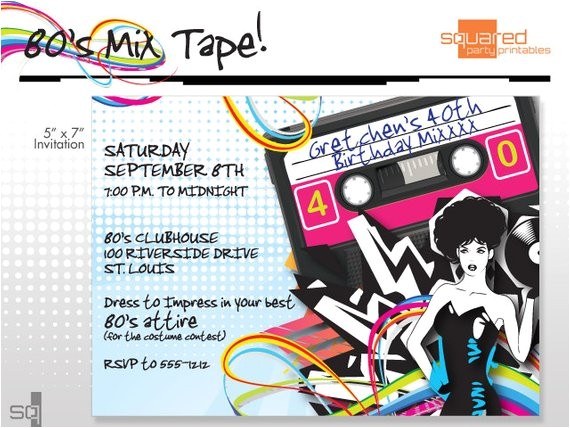 1980s Birthday Party Invitations 80 39 S 1980s Printable Birthday Party Invitation Diy