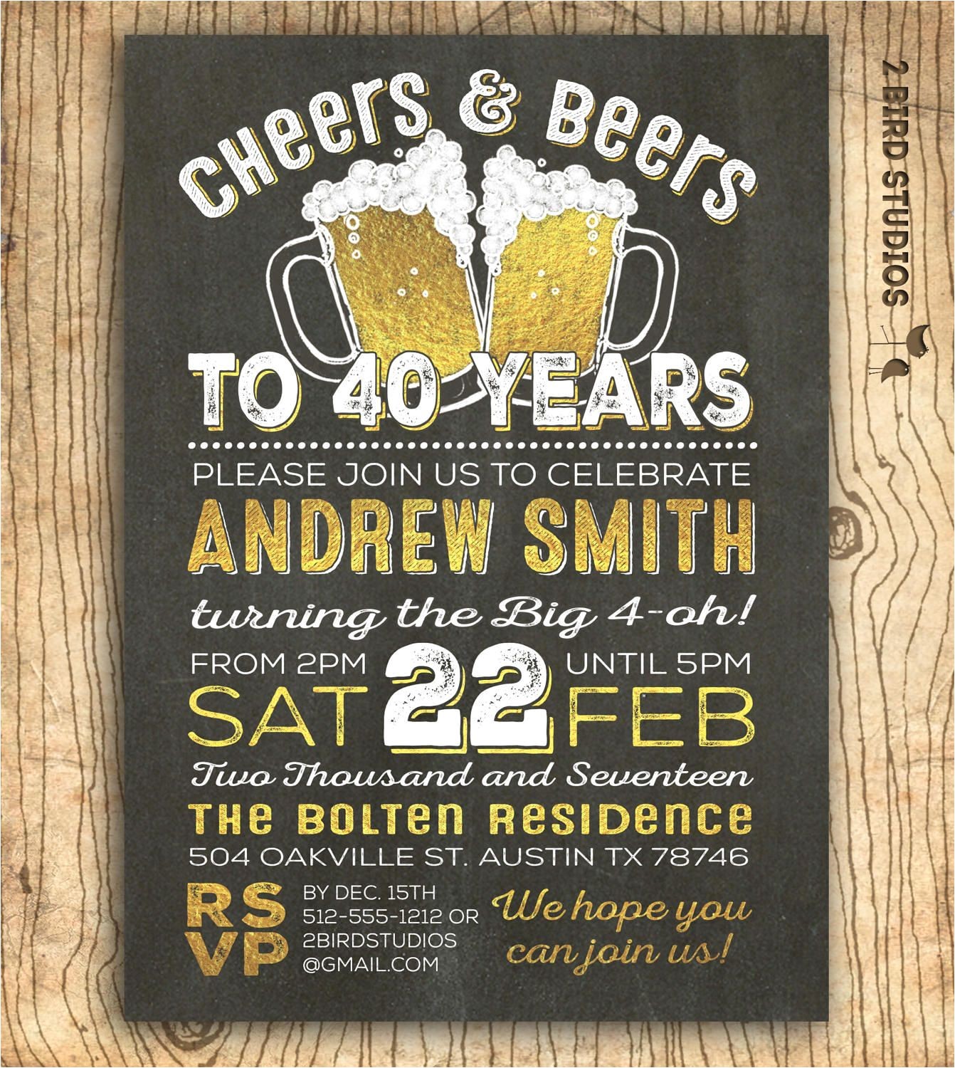 40th Birthday Party Invitations for Men 40th Birthday Invitation for Men Cheers Beers to 40 Years
