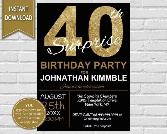 40th Birthday Party Invitations for Men 40th Surprise Birthday Invitation 40th Birthday Invite