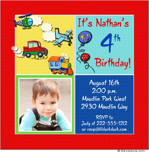 4th Birthday Party Invitations Boy Colorful Transportation Birthday Invitation Party Airplanes