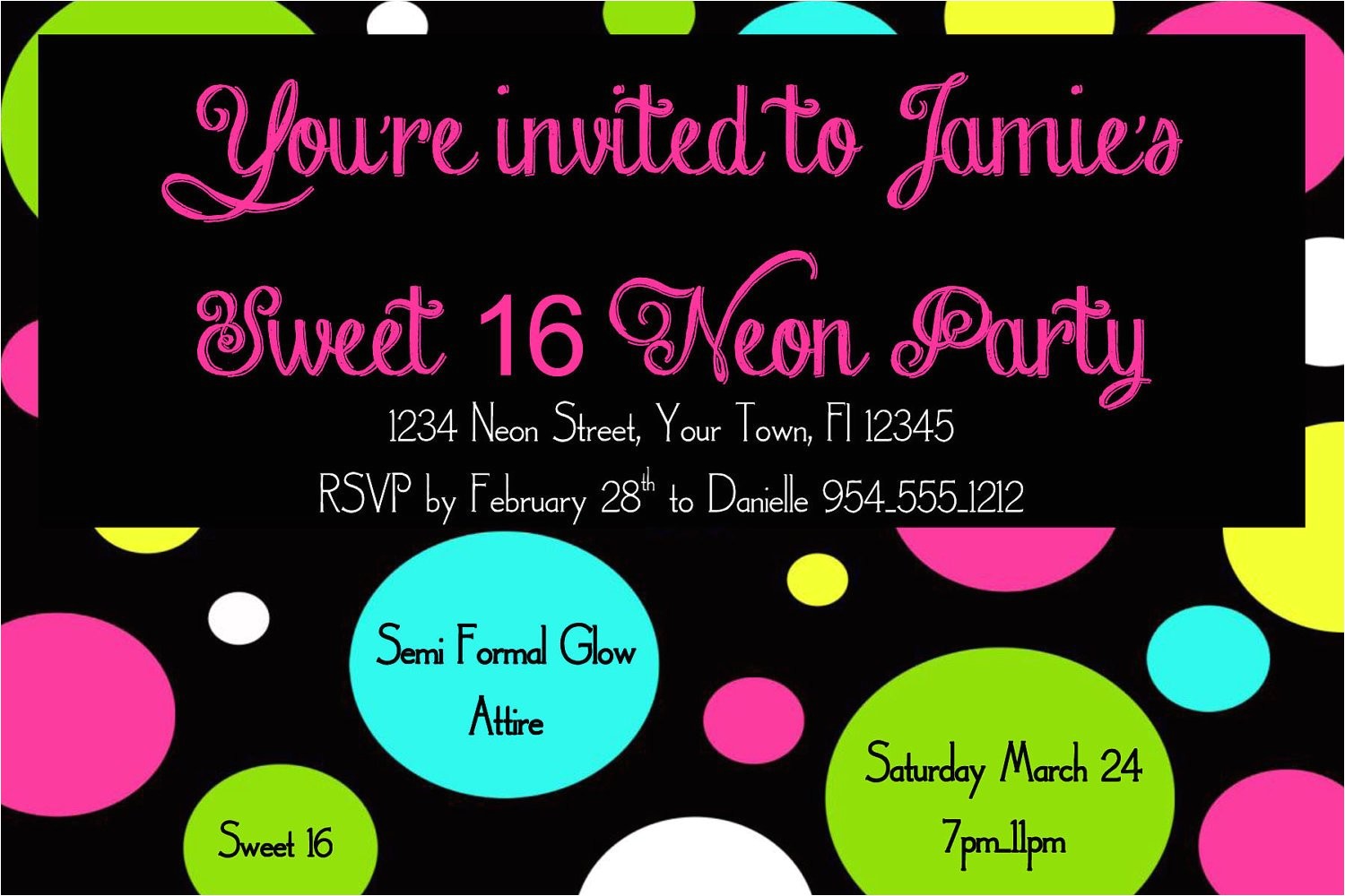 4×6 Party Invitation Templates Neon Sweet 16 Birthday Invitation Template 4×6