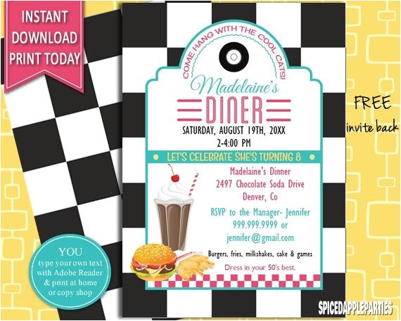 50s Party Invitation Templates Free 50s Retro Diner Invite 50s Party Invitation Burger Party