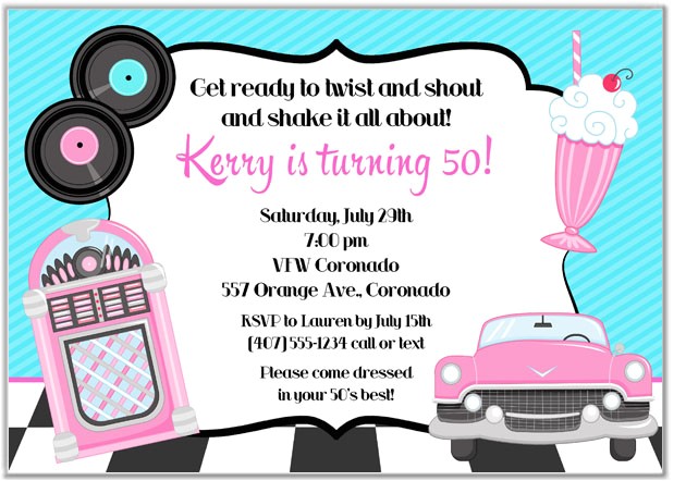 50s theme Party Invitations 50s theme Birthday Party Invitations