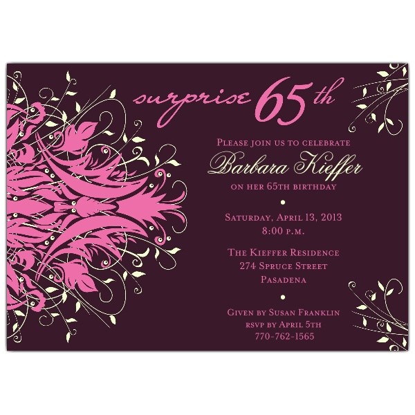 65th Birthday Party Invitation Wording andromeda Pink Surprise 65th Birthday Invitations Paperstyle