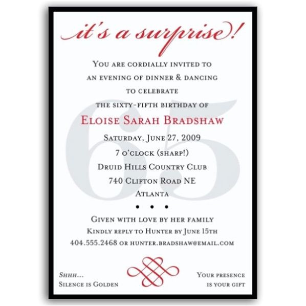 65th Birthday Party Invitation Wording Classic 65th Birthday Red Surprise Invitations Paperstyle