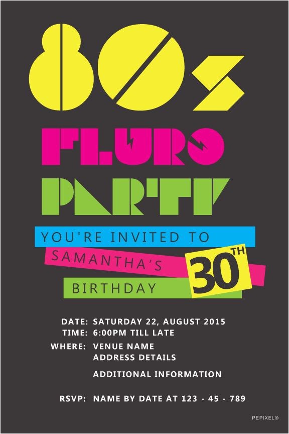 80s Birthday Party Invitation Template 80s Birthday Digital Printable Invitation Template Fluro
