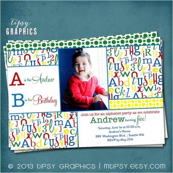 Abc Birthday Party Invitations Alphabet Photo Birthday Invitation Abc Library Party