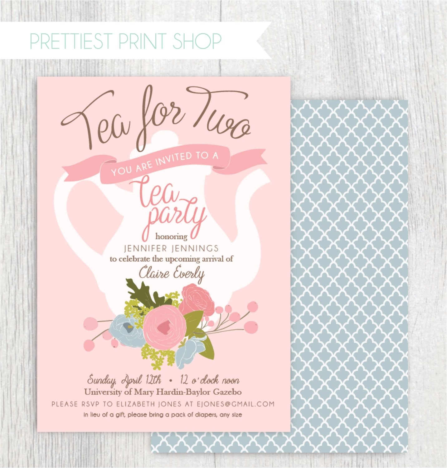 Baby Girl Shower Tea Party Invitations Printable Tea Party Baby Shower Invitation Tea Pot Floral